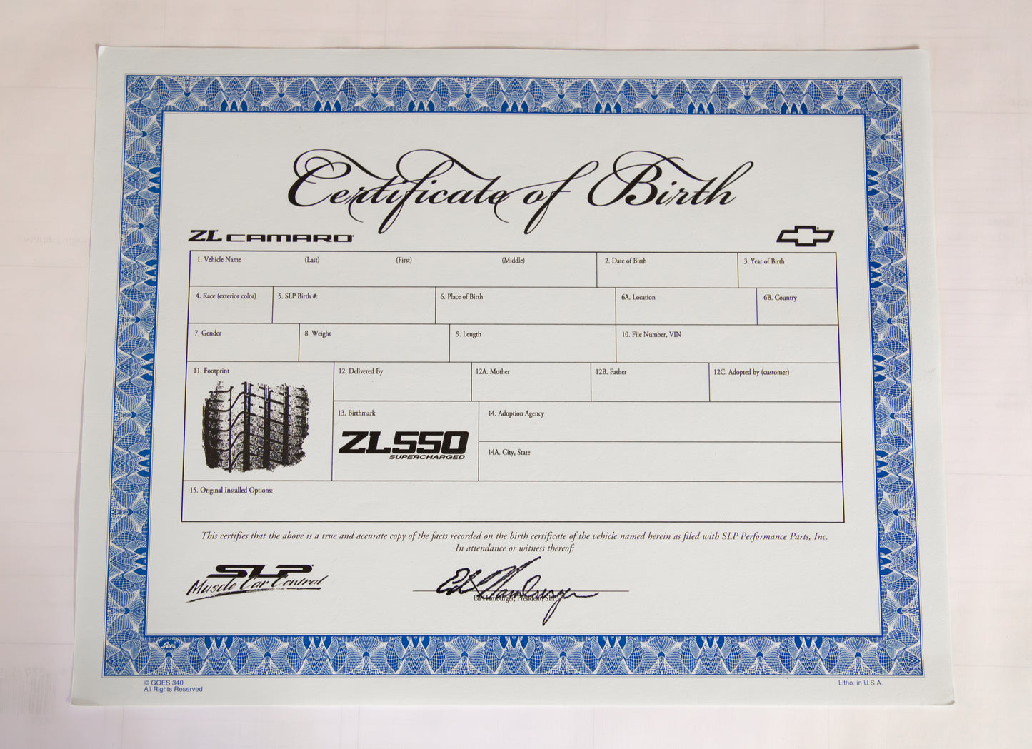 Certificate of Birth - 2010 ZL550 Camaro