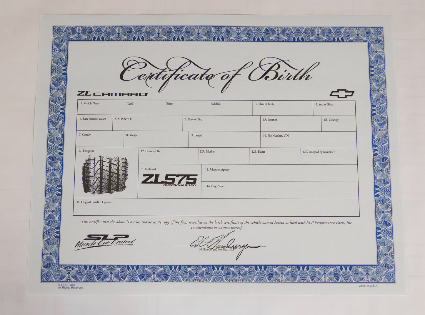 Certificate of Birth - 2010 ZL575 Camaro