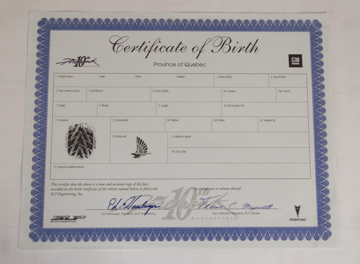 Certificate of Birth - 2002 10th Anniversary Firehawk
