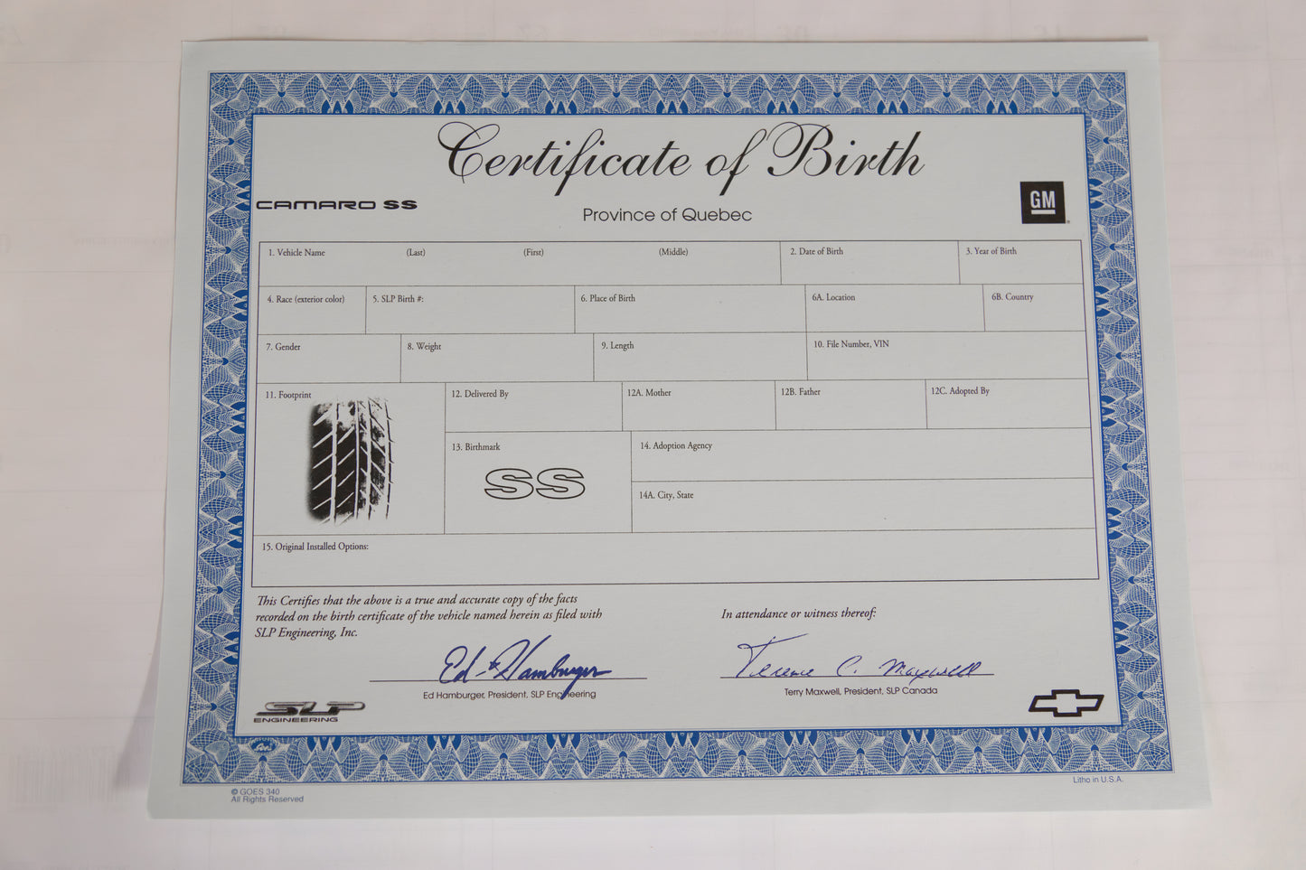 Certificate of Birth - 1996-2002 Camaro SS