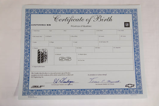 Certificate of Birth - 1996-2002 Camaro SS