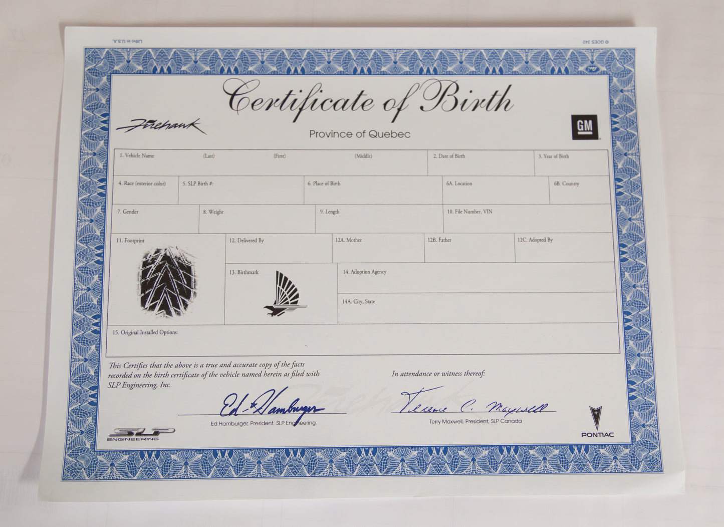 Certificate of Birth - 1993-2002 Pontiac Firehawk