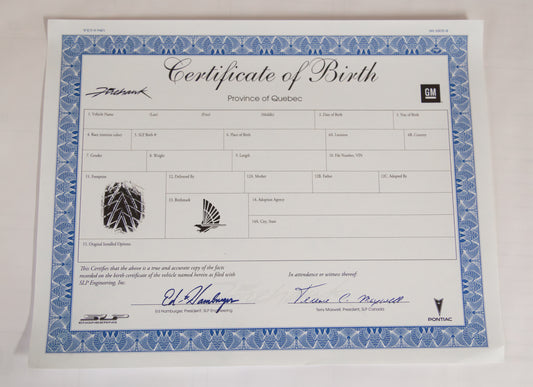 Certificate of Birth - 1993-2002 Pontiac Firehawk