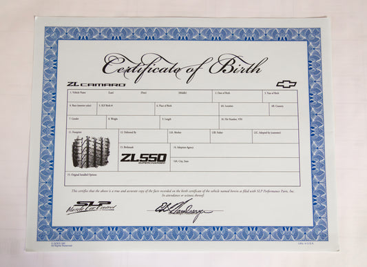 Certificate of Birth - 2010 ZL550 Camaro