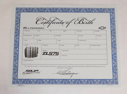 Certificate of Birth - 2010 ZL575 Camaro